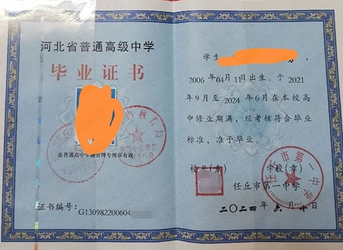 新华任丘市第一中学高中毕业证样本图片